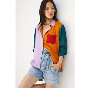 Farm Rio for Anthropologie Puff Sleeve Button Down Women’s M Color Block